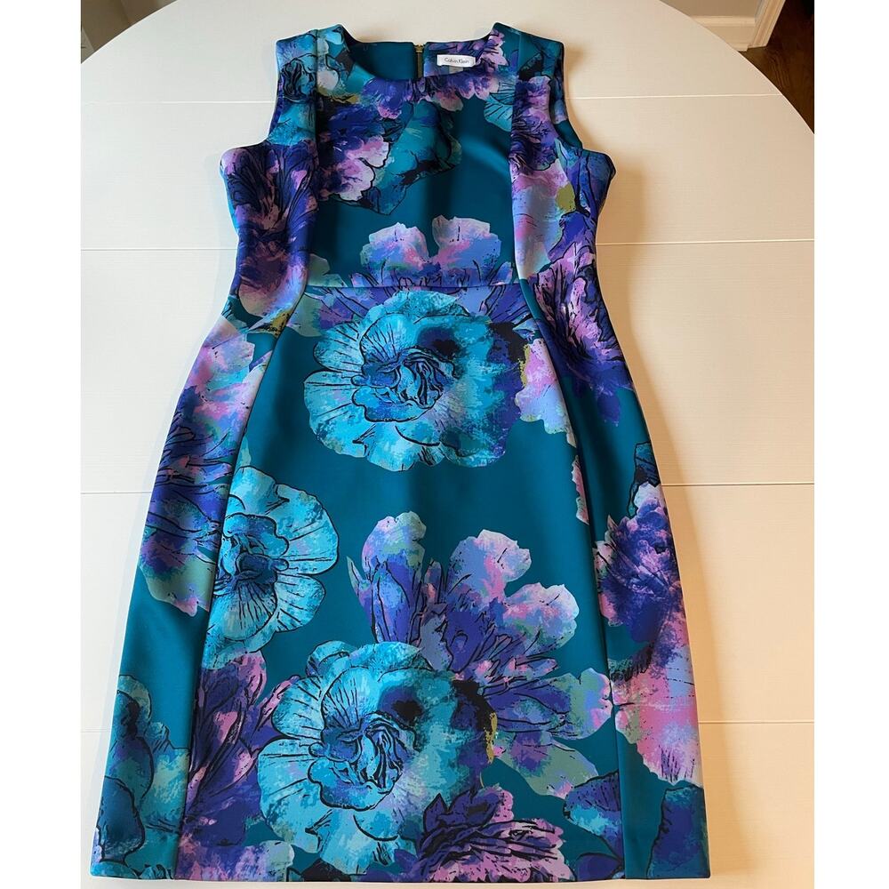 Calvin Klein Scuba Floral Sheath Dress Sz 14 Sleeveless Stretch Career Colorful - Picture 7 of 9